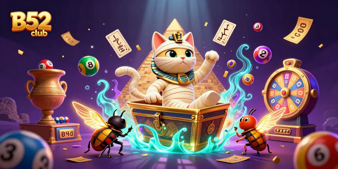 B52club offers exhilarating gameplay with a vibrant scene featuring a mummy cat and exciting lottery elements.