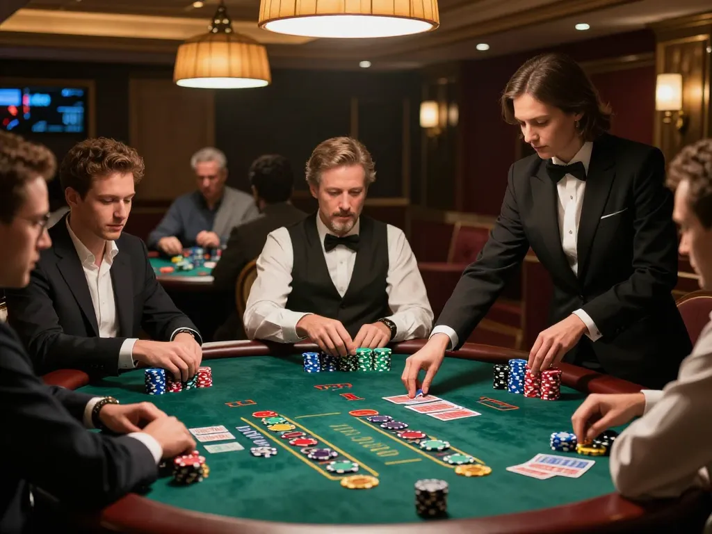 Engaged players strategizing at a Vin88 blackjack table in an upscale casino setting.