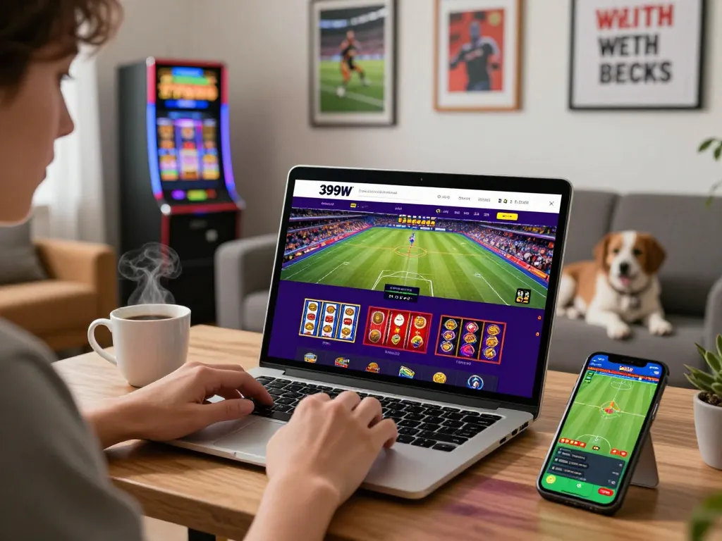 Engaging online betting experience with 399W platform on laptop, colorful graphics, and cozy home setting.