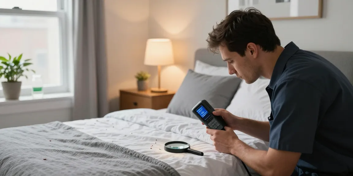 Professional exterminator conducting bed bug pest control inspection in Milwaukee bedroom, showcasing calm and discreet service.