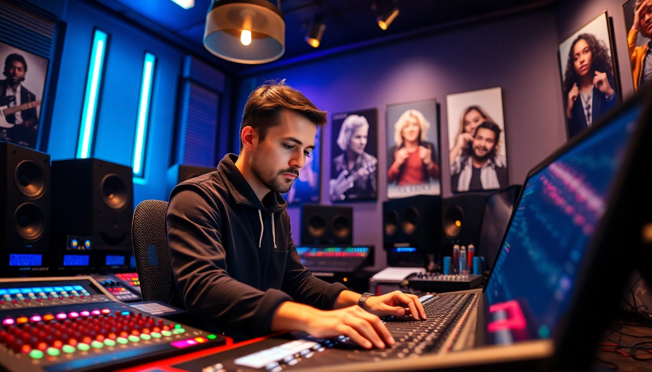 Engage with our online mastering services through a professional sound engineer in a vibrant music studio.