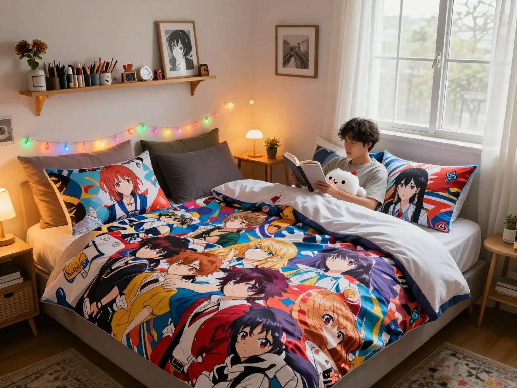 Vibrant custom body pillow cases on a cozy bed with anime characters.