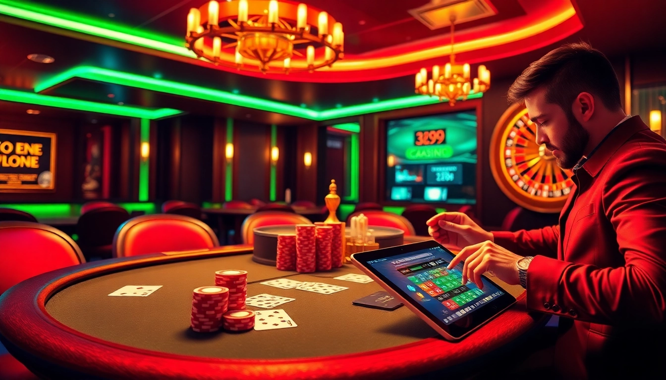 Engage with the luxury of online gaming at 399W, featuring a dynamic casino scene with poker chips and roulette.