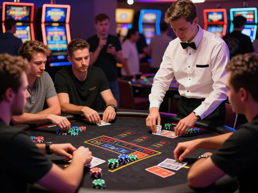 Players at g28 blackjack table strategizing their moves amid exciting casino atmosphere.