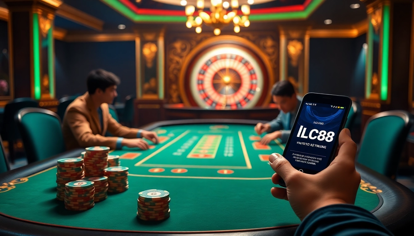 Exciting poker game visual at lc88 .bio showcasing vibrant chips and an elegant table.