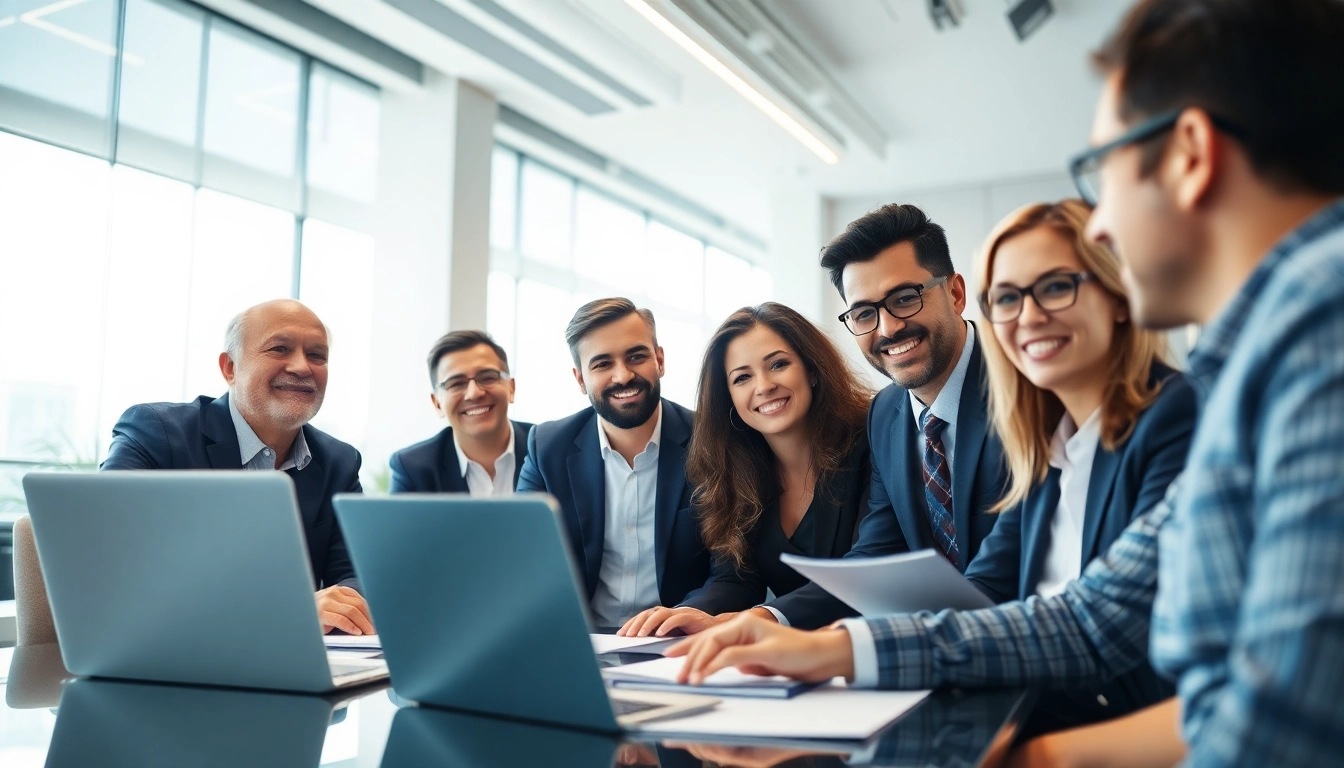 Setting up a company in the US with a diverse team collaborating in a modern office space.