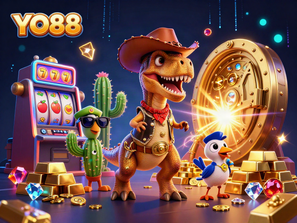 Celebrate wins at YO88 with a vivid 3D casino scene featuring engaging slot games and dynamic characters.