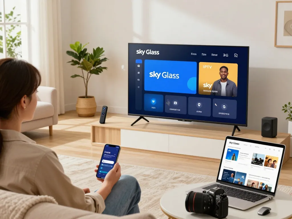 Sky Glass IPTV installation Guide - User seamlessly setting up Sky Glass IPTV on smart devices in a modern living room environment.