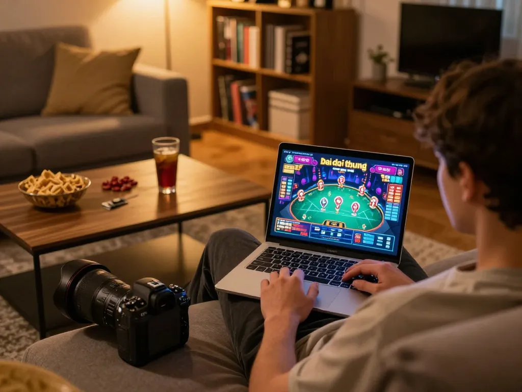 Engaging in game bai doi thuong on a laptop at home, with vibrant gaming interface and cozy setting.