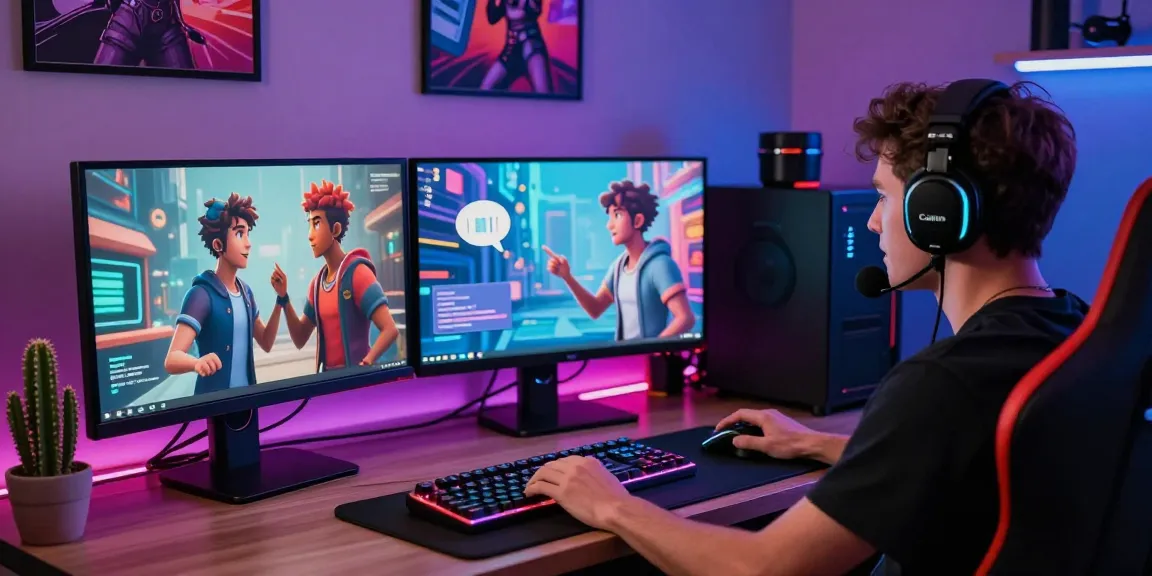 Engaging NSFW AI interaction scene with user and generated characters in a modern gaming setup.