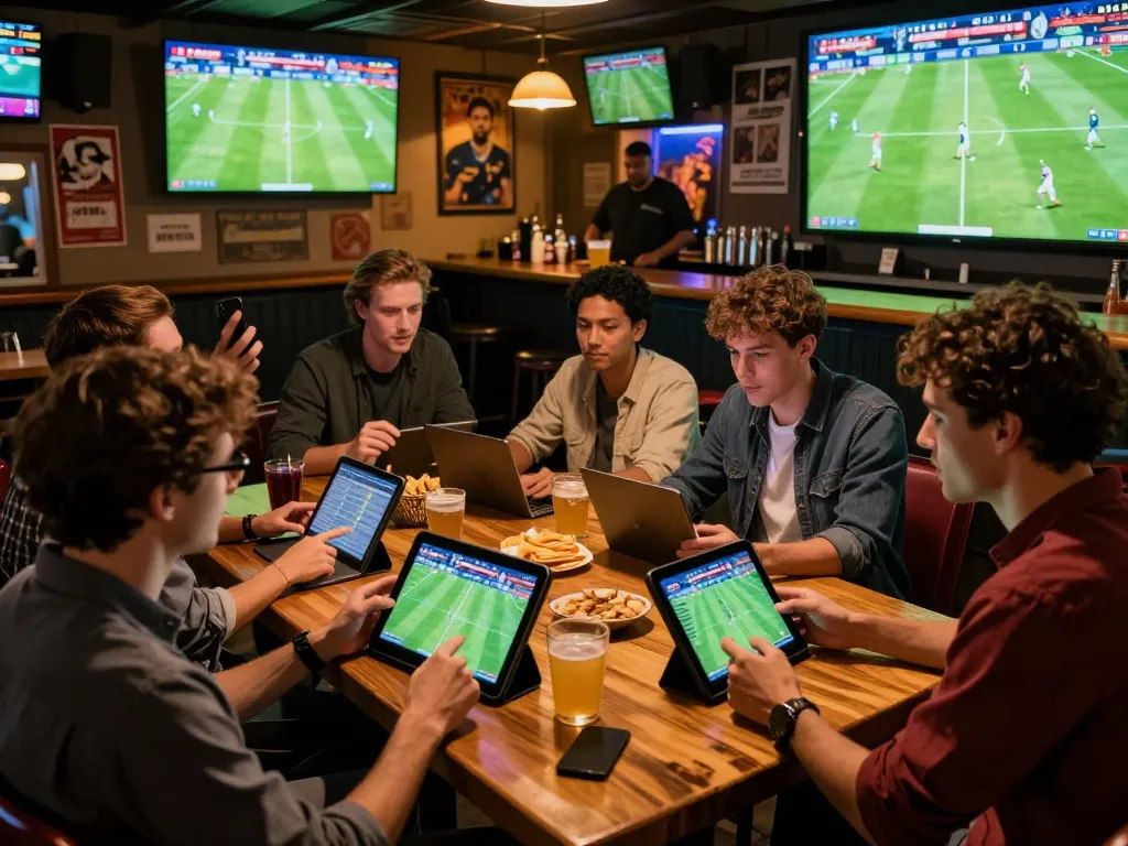 Exciting scene of friends engaging in sports betting at https://9keonhacai.com/ during a live soccer match, showcasing strategic discussions and mobile betting.