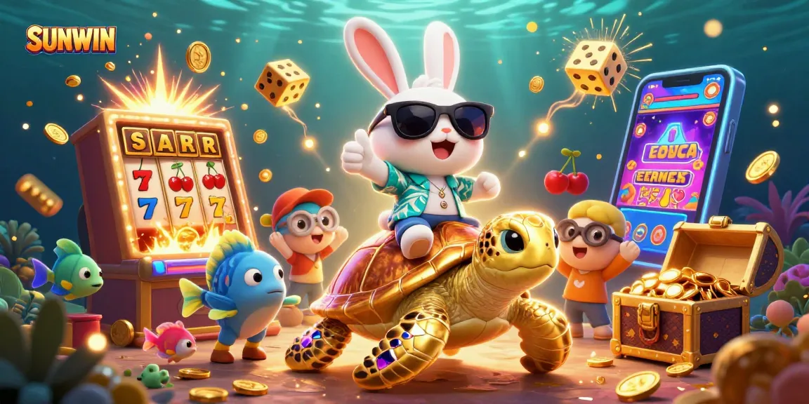 Experience thrilling wins at SUNWIN with an adorable rabbit and golden turtle in a vibrant casino scene.