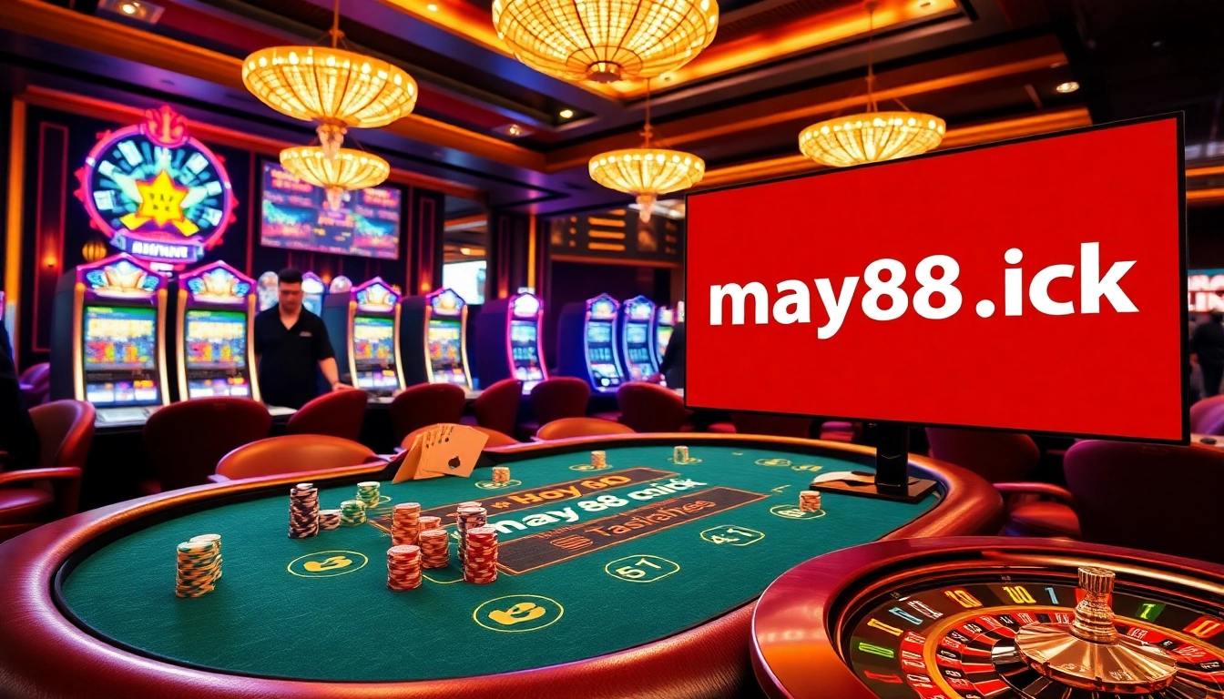 Engaging in blackjack at https://may88.click/ with vibrant casino elements and a professional atmosphere.