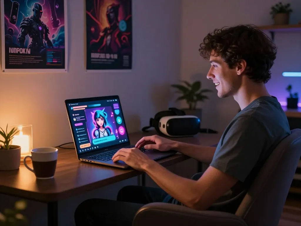 User engaged in nsfw ai chat with vibrant AI character avatars, showcasing a cozy modern virtual environment.