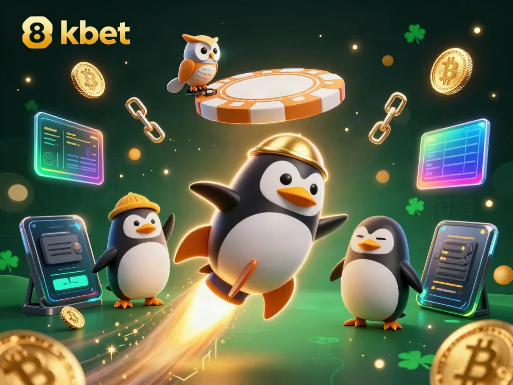 8xbet themed illustration depicting a golden penguin and casino elements, promoting fun gaming.