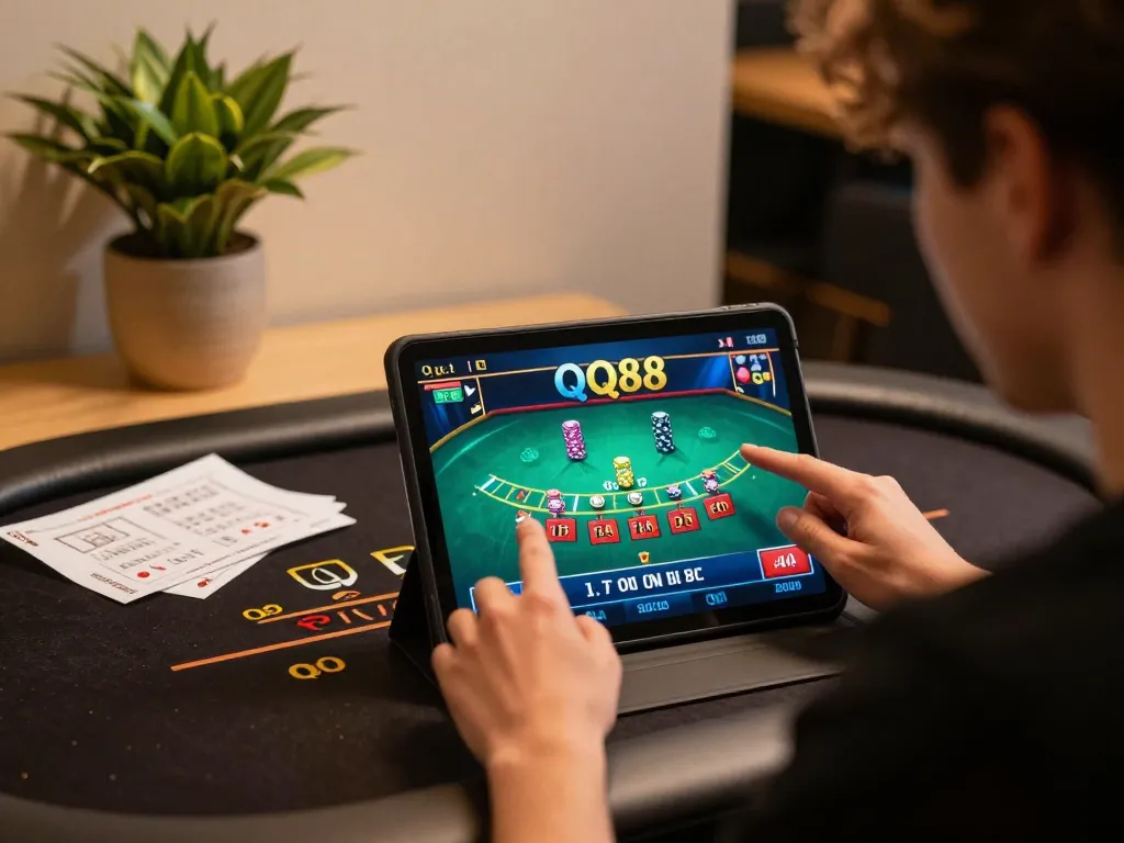 Player engaged in an online QQ88 blackjack game on tablet, showcasing strategic gambling atmosphere.