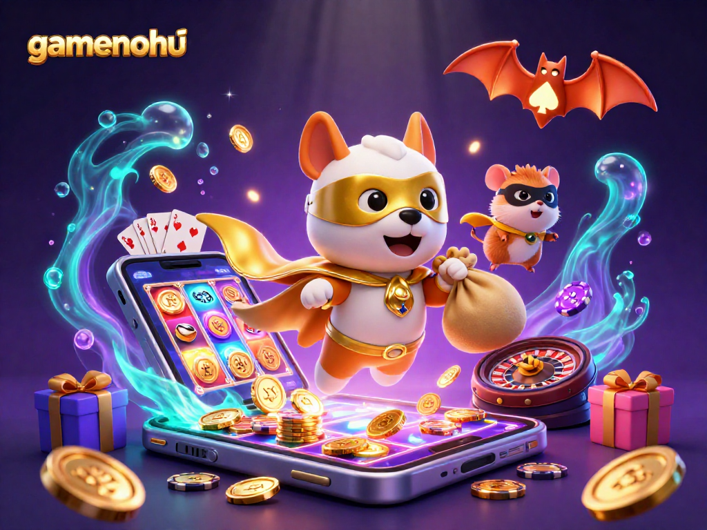 Experience gaming thrills with gamenohu and a 3D superhero dog capturing jackpot excitement.