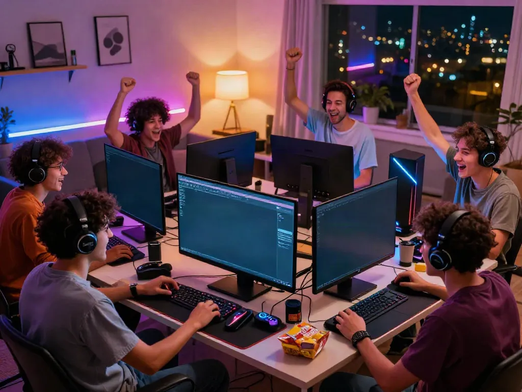 Exciting multiplayer gaming scene with friends at LU88 in a cozy living room