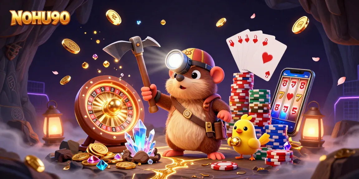 NOHU90 adventure with a treasure hunter mole in a vibrant casino-themed mine.