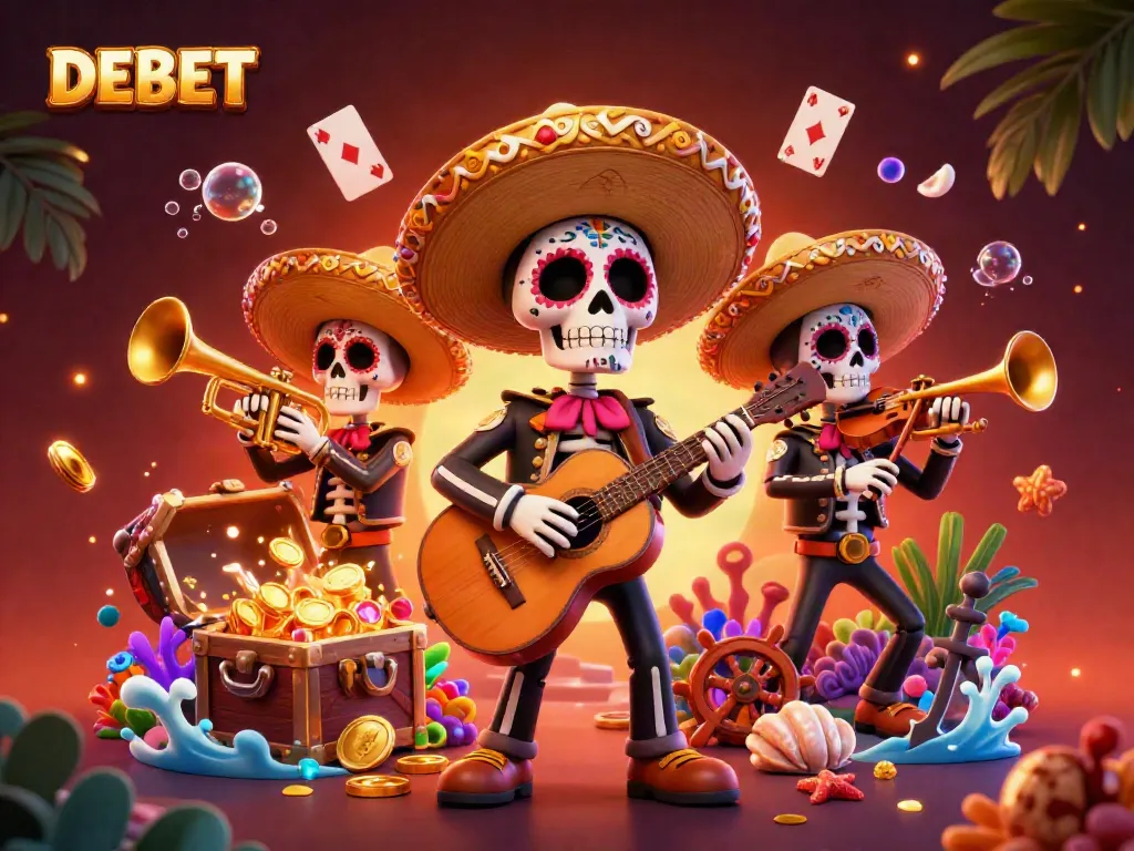 Experience vibrant sports betting with DEBET's festive 3D illustration of mariachi skeletons.