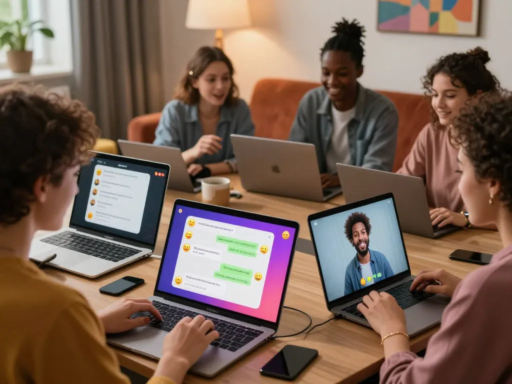 Engaging sexchat scene featuring diverse people in cozy digital space, showcasing lively conversations.