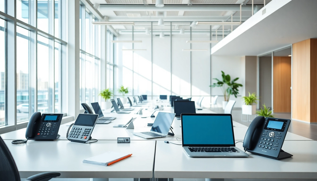 Showcase of office business phone systems in a modern workspace highlighting connectivity and technology.