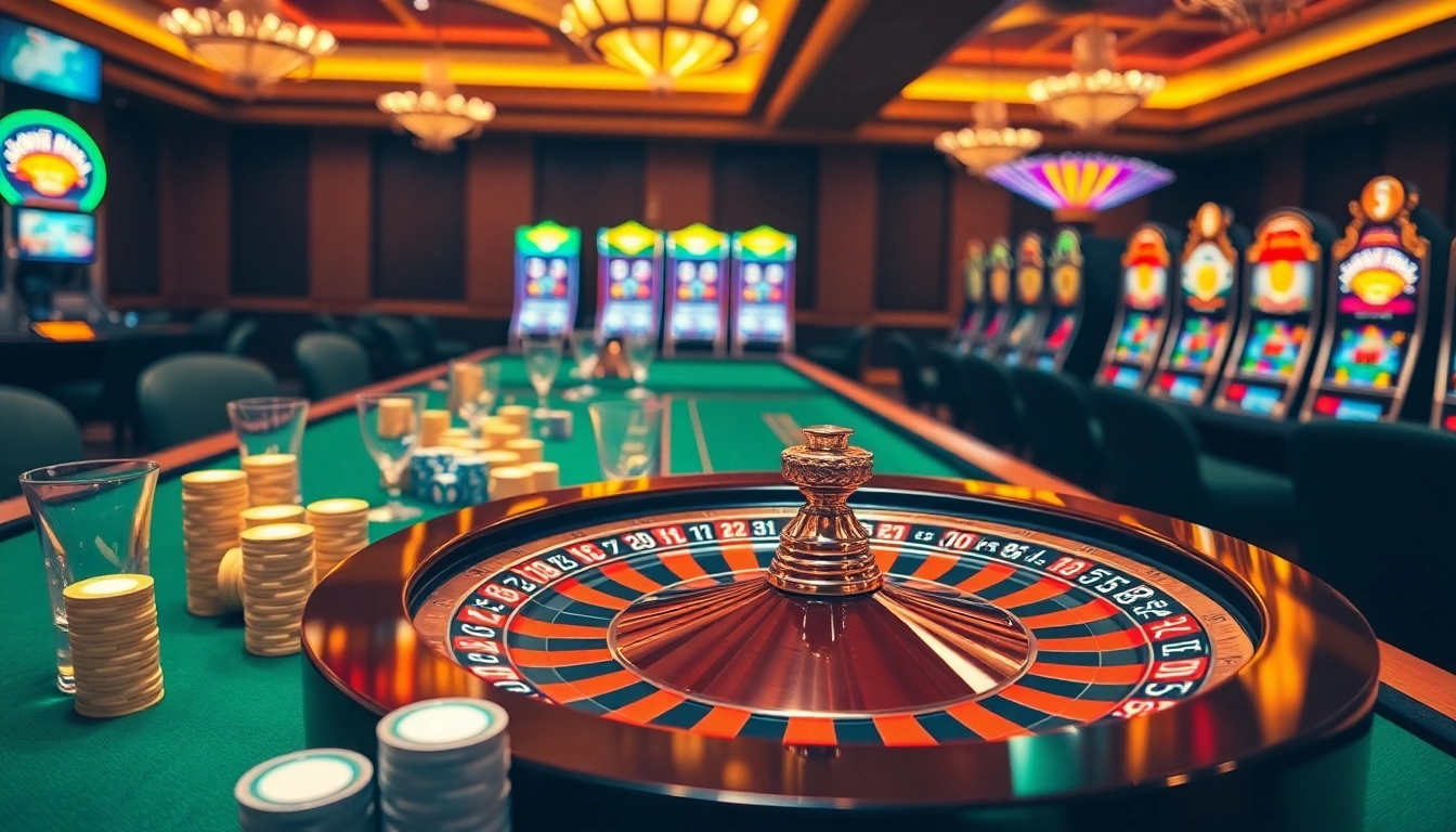 The vibrant casino excitement at https://qq88.today/ showcases luxurious tables with poker chips, a roulette wheel, and colorful slot machines.
