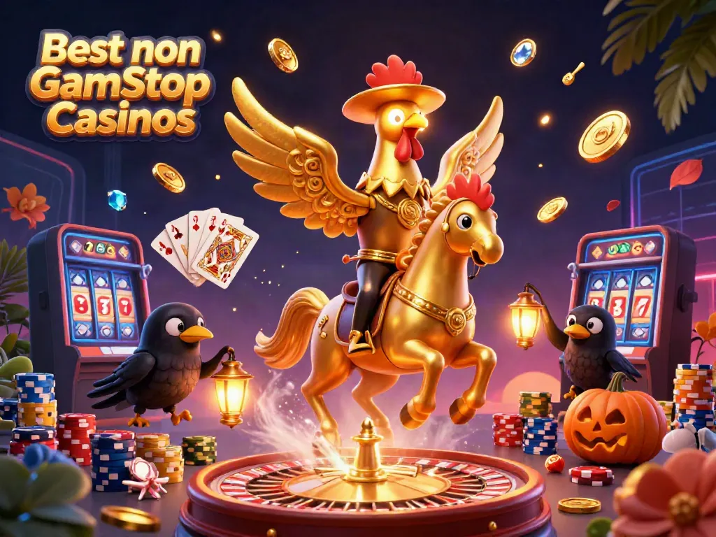 Experience the thrill at the Best non Gamstop Casinos with vibrant 3D cartoon characters in an exciting casino scene.
