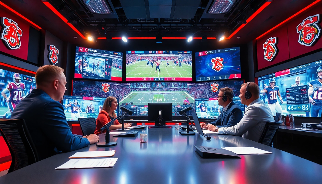 Engaging sports broadcasting studio featuring analysts and dynamic visuals for Sports Broadcasting.