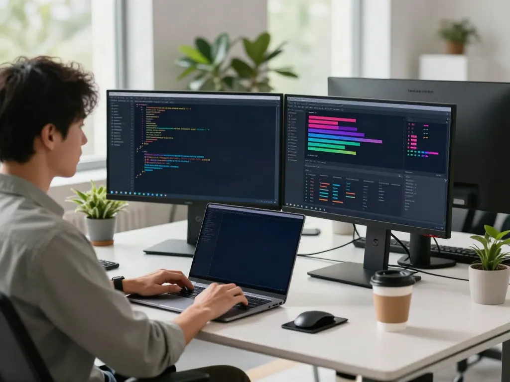 Developer using instant indexing in a tech workspace with dual monitors.