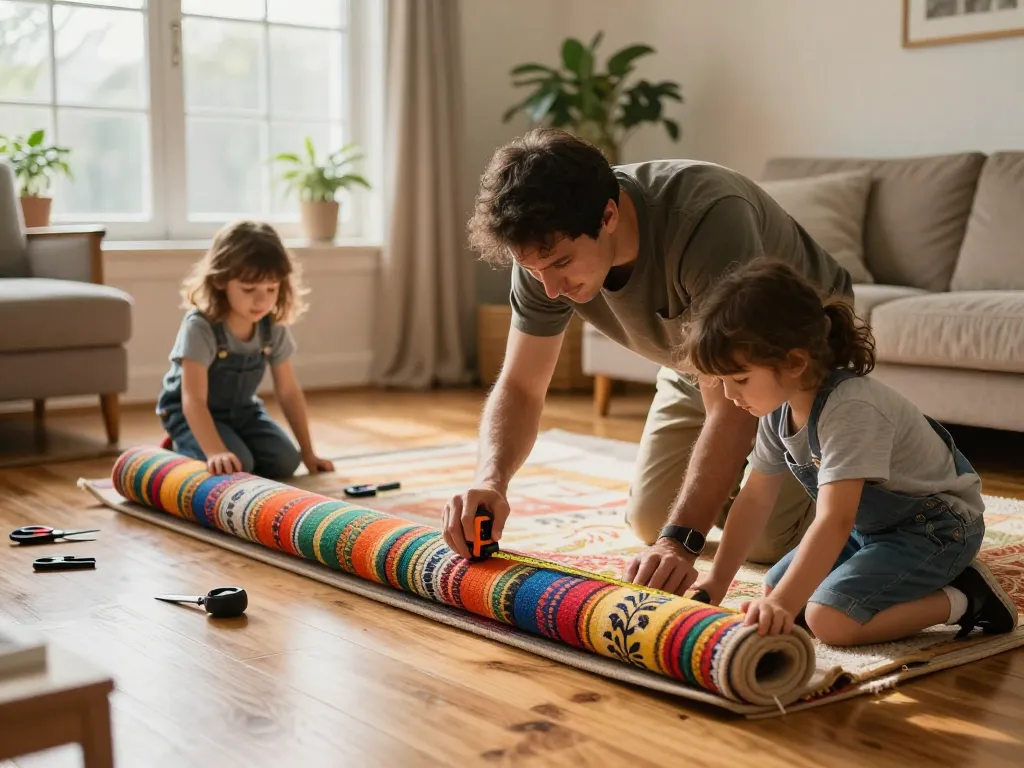 Family engaging in home carpet fitting services in a cozy living room.