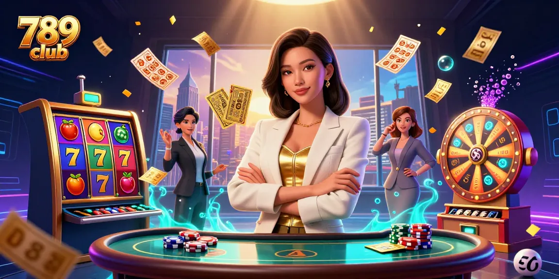 Engaging gaming experience at 789 club with photo-realistic Asian woman and vibrant slot reels.
