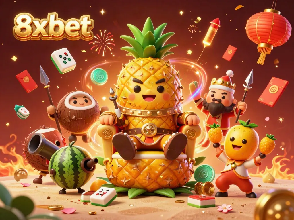 Experience vibrant gaming with 8xbet's golden pineapple king in a festive beach casino scene.