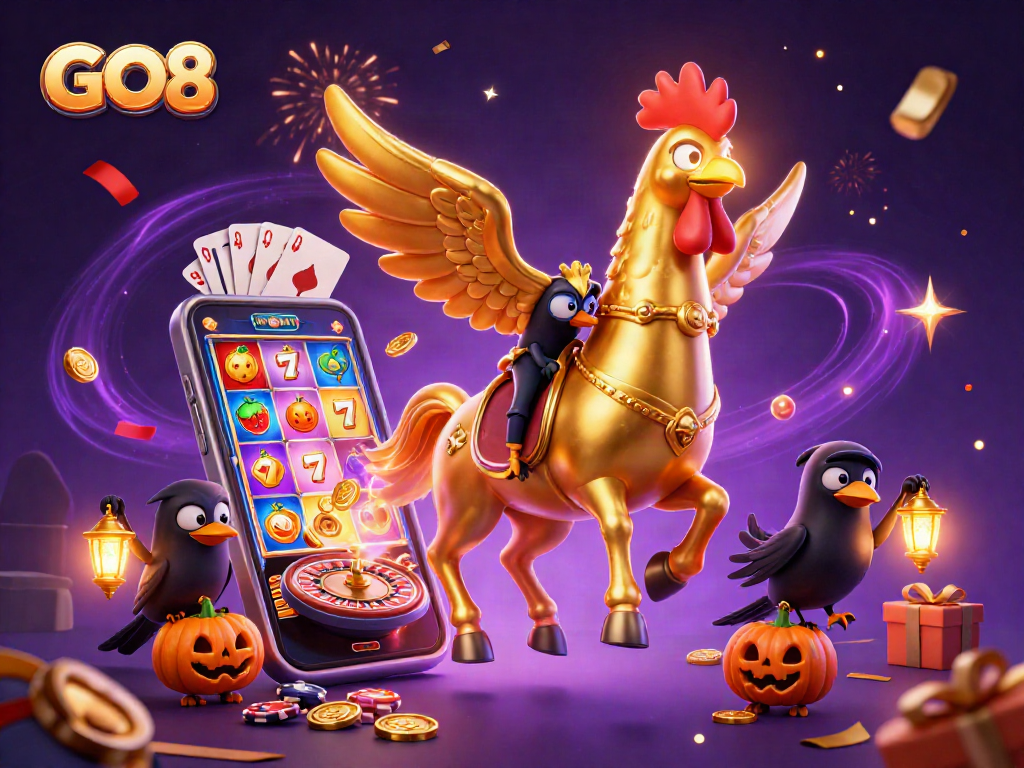 GO8 illuminates the midnight casino with a golden rooster and festive gaming elements, capturing the excitement.
