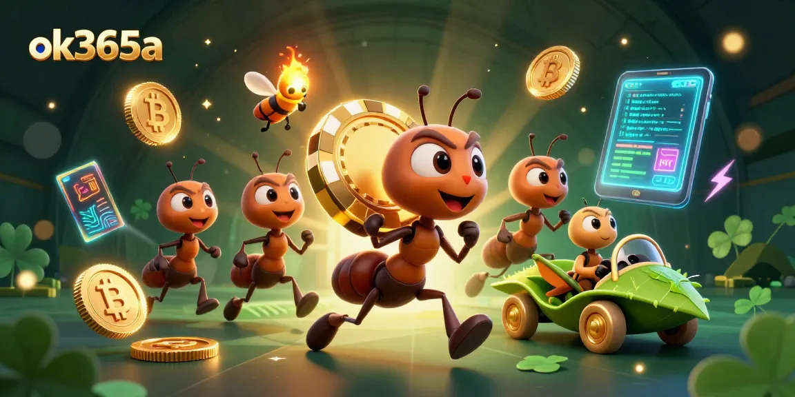 Ants running a heist for a golden chip in the dynamic ok365a casino scene with crypto elements.