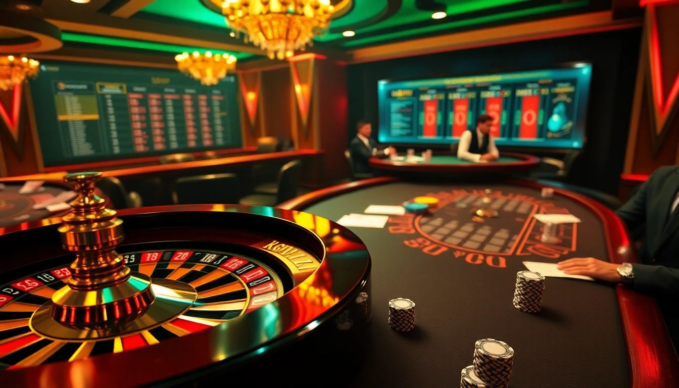 Experience the thrill of 68VIP with a luxurious casino scene showcasing roulette, blackjack, and poker.