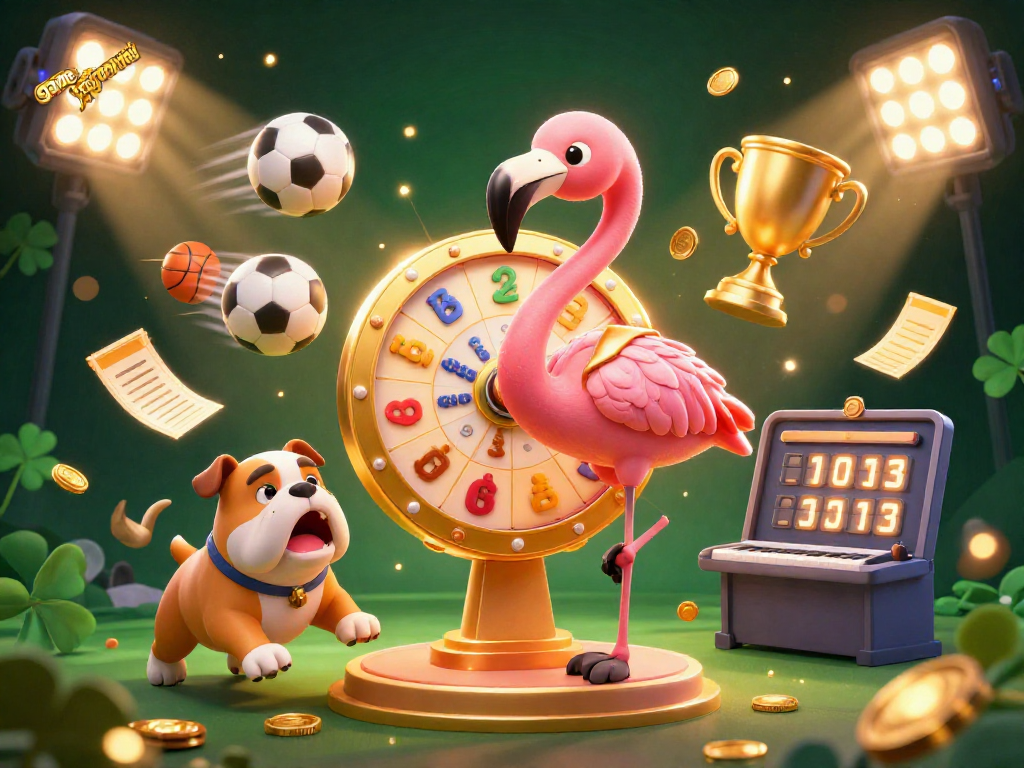 Experience excitement with game đổi thưởng uy tín as our flamingo host spins a prize wheel amidst dynamic sports elements.