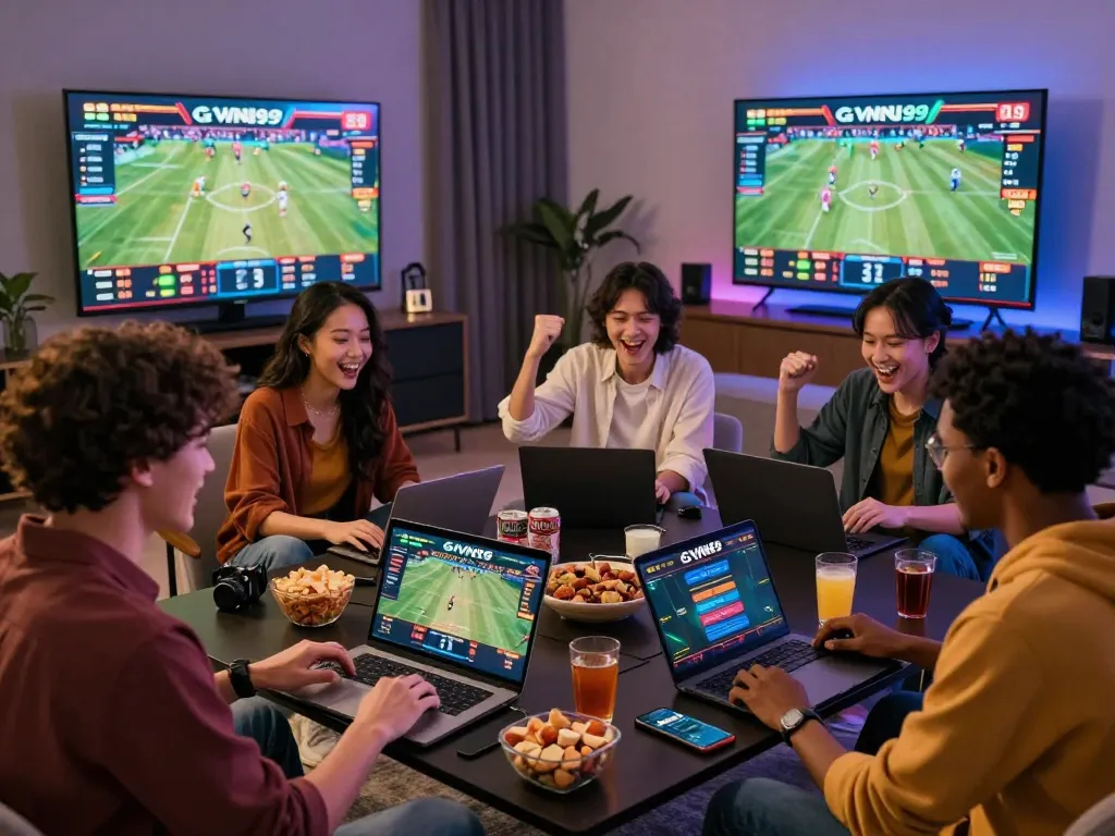 A lively online betting environment at https://www.gavn99.app/ showcasing diverse players enjoying sports betting and casino games in a modern living room.