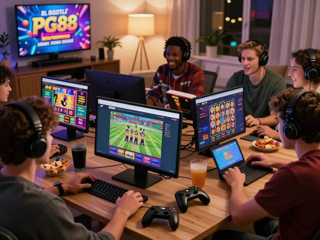 Players enjoying PG88's online gambling platform on various devices in a cozy setting.