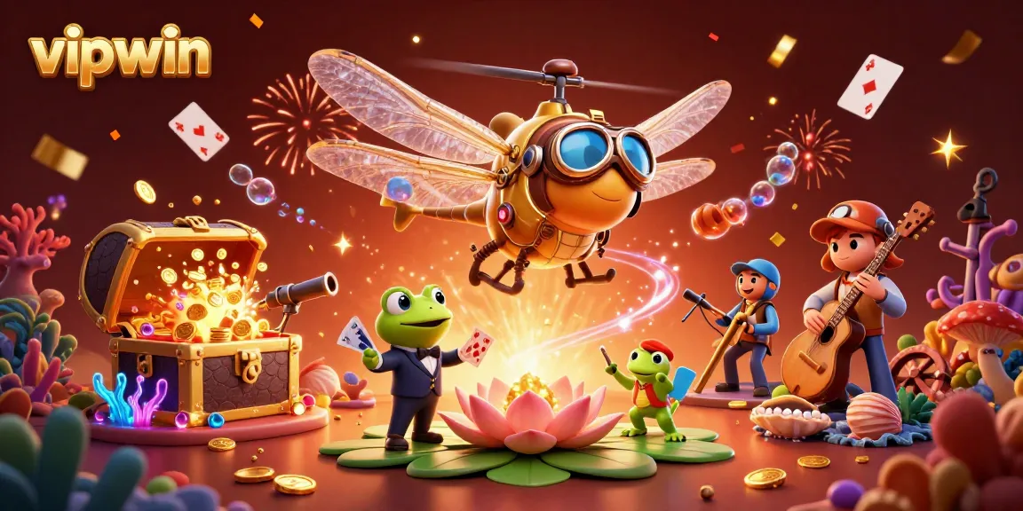 Experience thrilling wins with vipwin at a vibrant casino scene with a dragonfly pilot and frog croupier.