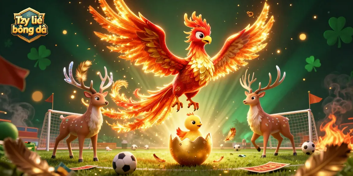 Tỷ lệ bóng đá visualizing dynamic sports betting with a phoenix and stag in a vibrant arena.