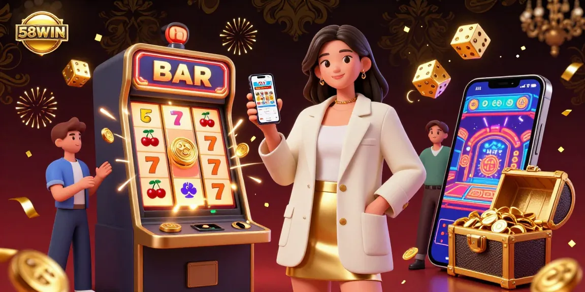 Join the excitement at 58WIN with an Asian woman enjoying a sports betting app amidst vibrant 3D casino elements.