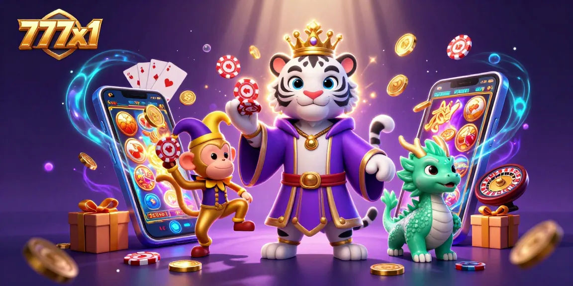Experience thrilling wins and chances at 777x1 with vibrant casino elements and characters in action.