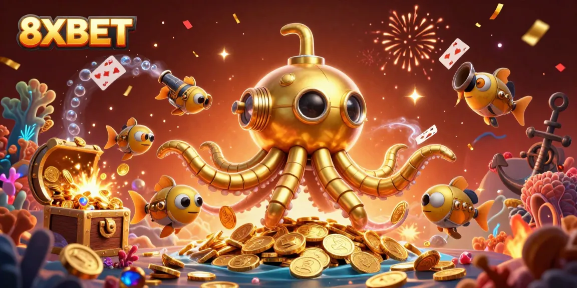 Experience thrilling gameplay at 8XBET with a vibrant underwater treasure hunt scene featuring a golden kraken.