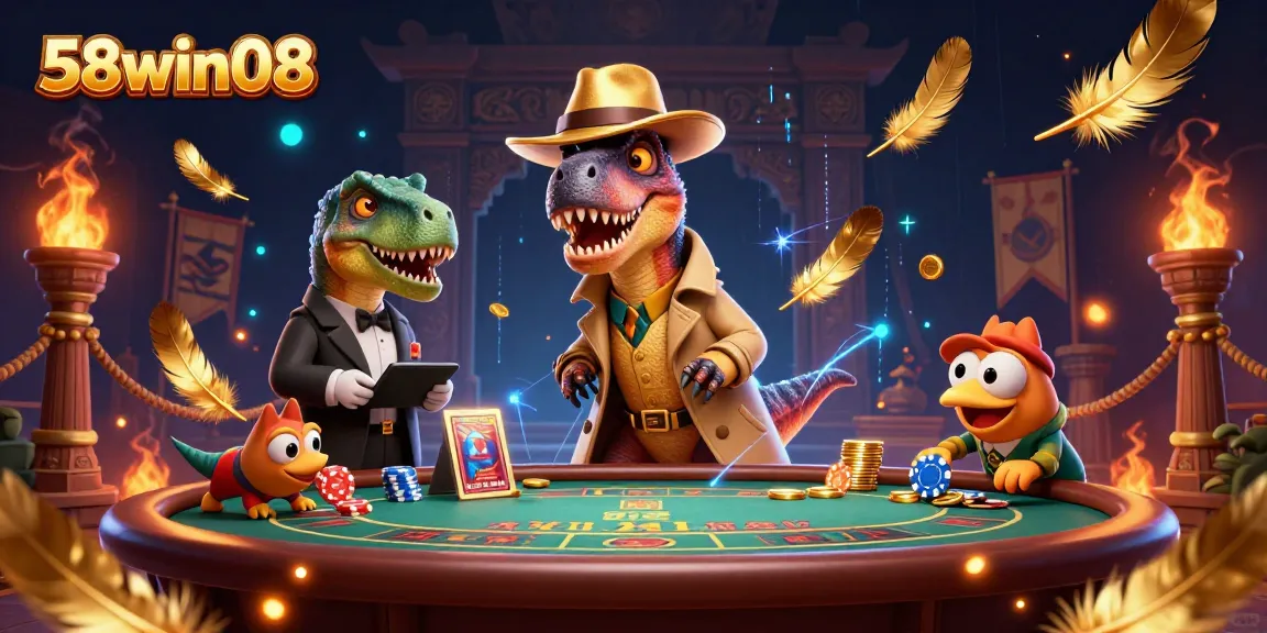 Experience thrilling blackjack action with the 58win08 velociraptor card counter in a dynamic casino scene.