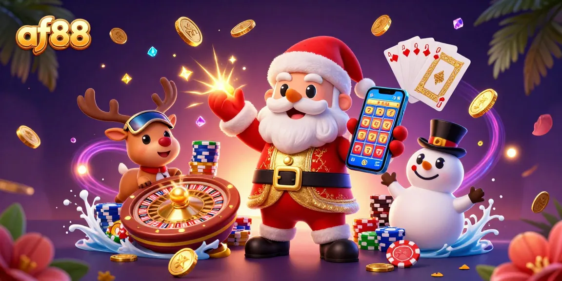 Play exciting games at af88 with Santa and friends surrounded by casino elements.