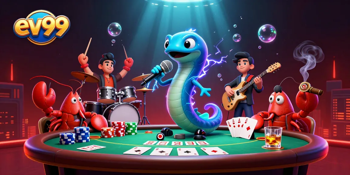 ev99 showcases an electric eel DJ captivating players at a vibrant underwater casino stage