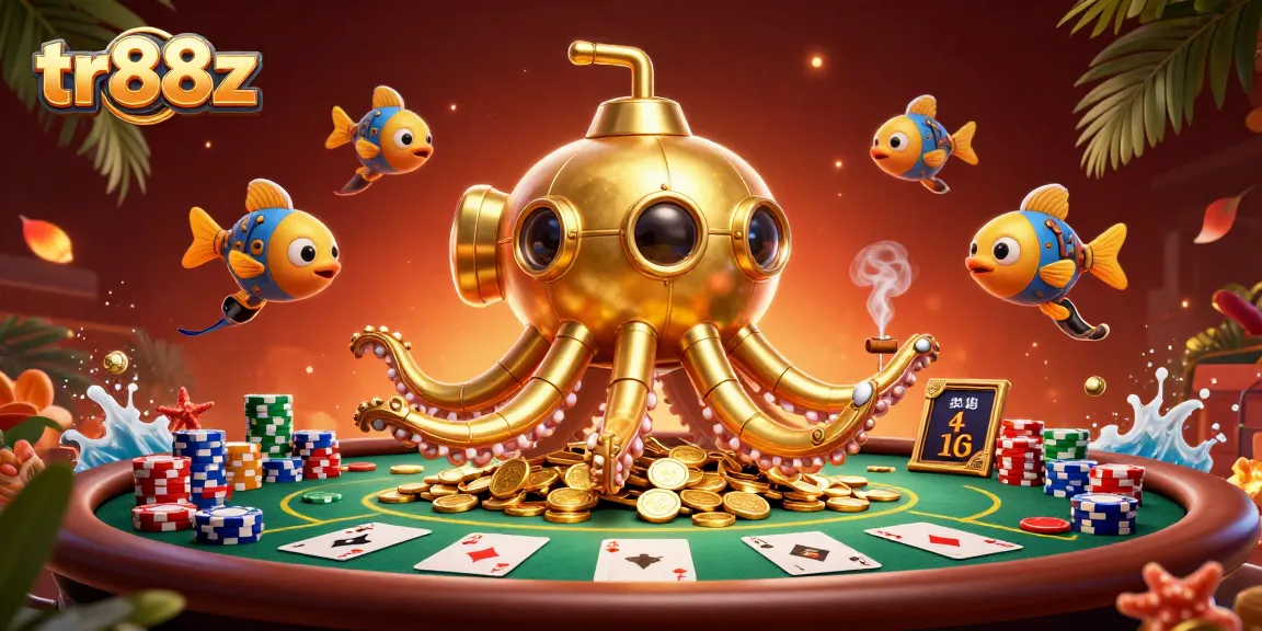 Experience thrilling gameplay at tr88z with a golden kraken submarine amidst poker excitement.