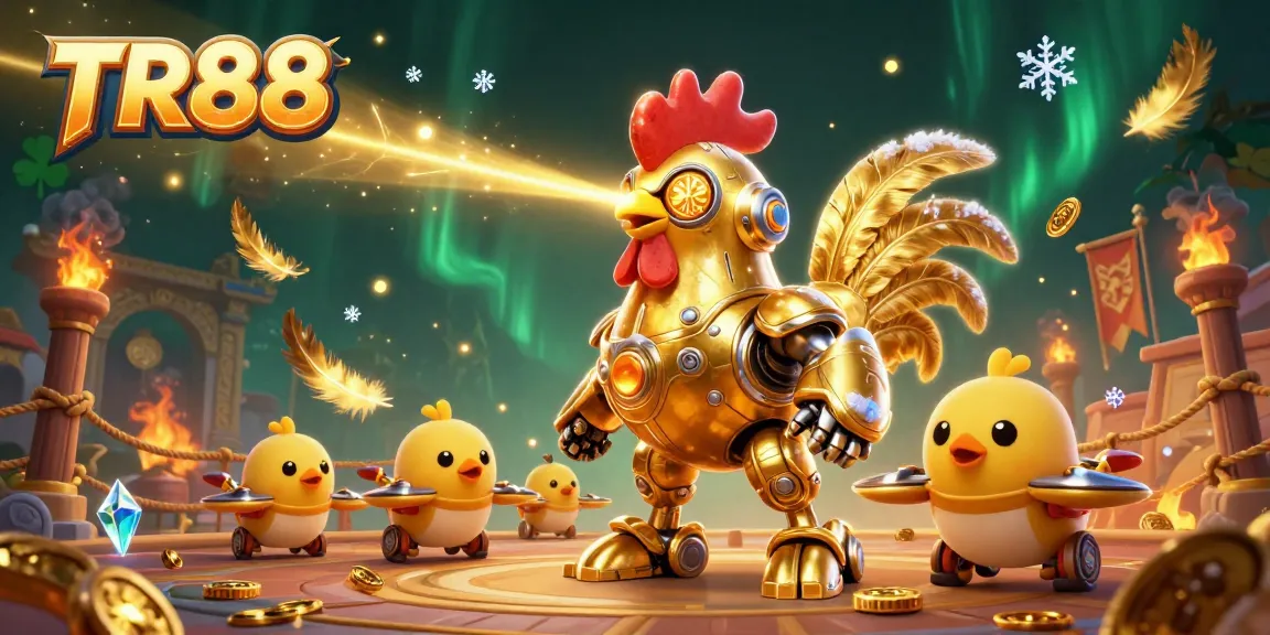 Experience TR88's thrilling gaming action with a golden rooster robot and vibrant elements.