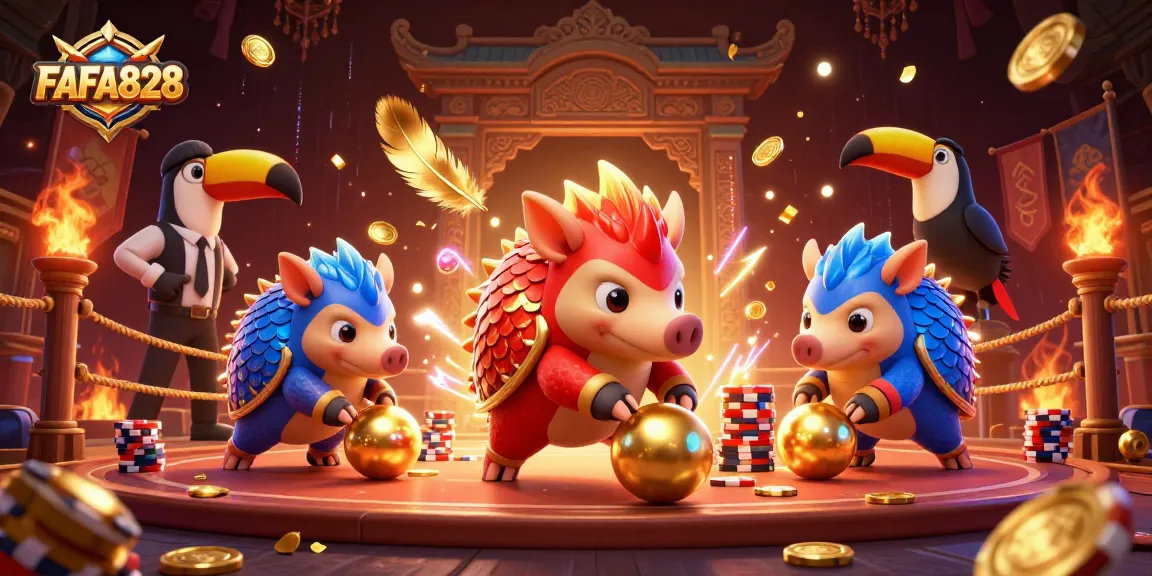 FAFA828 delivers immersive gaming experiences with vibrant pangolins in an energetic casino scene.